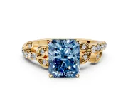 Leaf Motif Engagement Ring Setting for Fancy Blue Radiant Cut Center with Pave Band and Prong Head in Yellow Gold