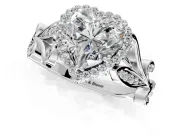 Halo Engagement Ring Setting for Heart-Shaped Center with Leaf Motif Split Shank and Prong Head in Sterling Silver