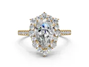 Halo Engagement Ring Setting for Pear-Shaped Center with Single-Row Pave, Open Basket and Prong Head in Yellow Gold