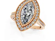 Halo Engagement Ring Setting for Marquise Center with Milgrain Frame, Pave Band and Prong Head in Rose Gold