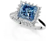 Starburst Halo Engagement Ring Setting for Fancy Blue Princess Cut Center with Thin Round-Wire Band and Prong Head in Platinum