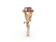 Halo Engagement Ring Setting for Fancy Pink Round Cut Center with Leaf Motif Split Shank and Prong Head in Rose Gold