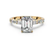 Baguette Engagement Ring Setting for Emerald Cut Center with Alternating Bar-Set Band and Prong Head in Yellow Gold