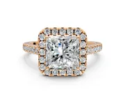 Halo Engagement Ring Setting for Princess Cut Center with Narrowing Pave Band and Prong Head in Rose Gold