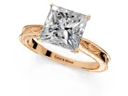 Solitaire Engagement Ring Setting for Princess Cut Center with Engraved Milgrain Band and Prong Head in Rose Gold