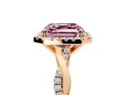 Halo Engagement Ring Setting for Fancy Pink Asscher Cut Center with Pave and Plain Twist Band and Prong Head in Rose Gold
