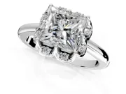 Floral Frame Engagement Ring Setting for Princess Cut Center with Accent Clusters and Prong Head in Sterling Silver
