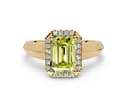 Halo Engagement Ring Setting for Fancy Yellow Emerald Cut Center with Knife Ridge Cathedral Band and Prong Head in Yellow Gold