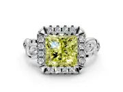 Halo Engagement Ring Setting for Fancy Yellow Princess Cut Center with Open Scroll Shoulders and Prong Head in Platinum