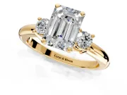 3 Stone Engagement Ring Setting for Emerald Cut Center with Wide Plain Band and Prong Head in Yellow Gold