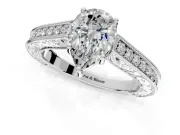 Solitaire Engagement Ring Setting for Pear-Shaped Center with Engraved Pave Band and Prong Head in Platinum