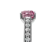 Solitaire Engagement Ring Setting for Fancy Pink Cushion Cut Center with Engraved Pave Band and Prong Head in Platinum
