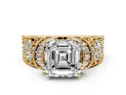 Pave Engagement Ring Setting for Asscher Cut Center with Curved Accent Rows, Openwork and Prong Head in Yellow Gold
