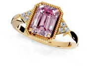 Cluster Engagement Ring Setting for Fancy Pink Emerald Cut Center with Milgrain Shoulder Clusters and Prong Head in Yellow Gold