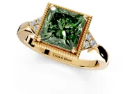 Cluster Engagement Ring Setting for Fancy Green Princess Cut Center with Milgrain Shoulder Clusters and Prong Head in Yellow Gold