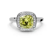 Halo Engagement Ring Setting for Fancy Yellow Cushion Cut Center with Plain Tapered Band and Prong Head in Sterling Silver