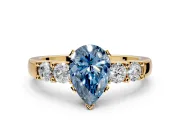 5 Stone Engagement Ring Setting for Fancy Blue Pear-Shaped Center with Plain Band and Prong Head in Yellow Gold