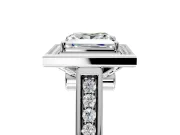Halo Engagement Ring Setting for Princess Cut Center with Outer Bezel Rim, Pave Band and Prong Head in Sterling Silver