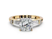 Bar-Set Engagement Ring Setting for Cushion Cut Center with Tapered Baguette Accents and Prong Head in Yellow Gold