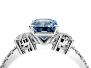 3 Stone Engagement Ring Setting for Fancy Blue Emerald Cut Center with Round Cut Side Accents and Prong Head in White Gold