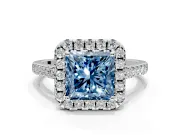 Halo Engagement Ring Setting for Fancy Blue Princess Cut Center with Raised Halo, Pave Band and Prong Head in White Gold