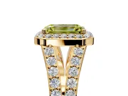 Halo Engagement Ring Setting for Fancy Yellow Emerald Cut Center with Narrow Pave Split Shank and Prong Head in Yellow Gold