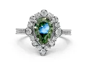 Milgrain Halo Engagement Ring Setting for Fancy Green Pear-Shaped Center with Bezel Point Accents and Prong Head in White Gold