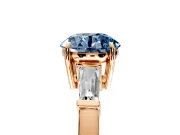 3 Stone Engagement Ring Setting for Fancy Blue Round Cut Center with Baguette Accents and Prong Head in Rose Gold