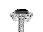 Halo Engagement Ring Setting for Fancy Black Radiant Cut Center with Milgrain Channel Band and Prong Head in White Gold