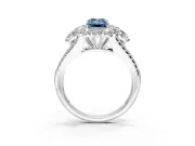Halo Engagement Ring Setting for Fancy Blue Emerald Cut Center with Two-Strand Split Shank and Prong Head in Sterling Silver