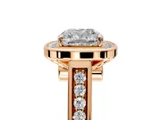 Halo Engagement Ring Setting for Cushion Cut Center with Outer Bezel Rim, Pave Band and Prong Head in Rose Gold