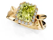 Halo Engagement Ring Setting for Fancy Yellow Radiant Cut Center with Floral Band and Prong Head in Yellow Gold