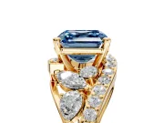 Halo Engagement Ring Setting for Fancy Blue Asscher Cut Center with Marquise and Pave Bypass Band and Prong Head in Yellow Gold