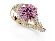 Solitaire Engagement Ring Setting for Fancy Pink Round Cut Center with Pave Bypass Twist Band and Prong Head in Yellow Gold