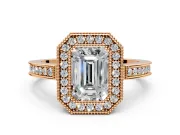 Halo Engagement Ring Setting for Emerald Cut Center with Milgrain Halo, Pave Band and Prong Head in Rose Gold