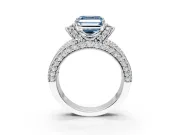 Pave Engagement Ring Setting for Fancy Blue Asscher Cut Center with Curved Accent Rows, Openwork and Prong Head in Platinum