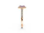 Halo Engagement Ring Setting for Fancy Pink Asscher Cut Center with Narrowing Pave Band and Prong Head in Rose Gold