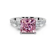 3 Stone Engagement Ring Setting for Fancy Pink Princess Cut Center with Round Cut Side Accents and Prong Head in Sterling Silver