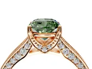 Solitaire Engagement Ring Setting for Fancy Green Cushion Cut Center with Milgrain-Framed Pave Band and Prong Head in Rose Gold