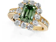 Halo Engagement Ring Setting for Fancy Green Emerald Cut Center with Milgrain Channel Band and Prong Head in Yellow Gold
