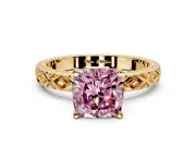 Solitaire Engagement Ring Setting for Fancy Pink Cushion Cut Center with Milgrain X Pattern Band and Prong Head in Yellow Gold