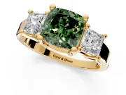 3 Stone Engagement Ring Setting for Fancy Green Cushion Cut Center with Matching Side Accents and Prong Head in Yellow Gold