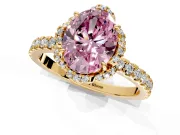 Halo Engagement Ring Setting for Fancy Pink Oval Center with Openwork Halo, Pave Band and Prong Head in Yellow Gold