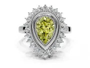 Halo Engagement Ring Setting for Fancy Yellow Pear-Shaped Center with Milgrain Bezel Rim, Plain Band and Prong Head in Sterling Silver