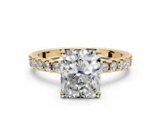 Solitaire Engagement Ring Setting for Radiant Cut Center with Band of Accents and Prong Head in Yellow Gold