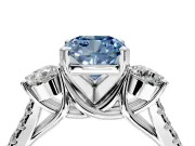 3 Stone Engagement Ring Setting for Fancy Blue Cushion Cut Center with Crossover Basket, Pave Band and Prong Head in White Gold