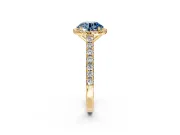 Halo Engagement Ring Setting for Fancy Blue Round Cut Center with Full Pave Band and Prong Head in Yellow Gold