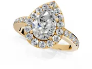 Halo Engagement Ring Setting for Pear-Shaped Center with Heart-Shaped Openwork, Pave Band and Prong Head in Yellow Gold