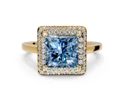 Halo Engagement Ring Setting for Fancy Blue Princess Cut Center with Plain Tapered Band and Prong Head in Yellow Gold