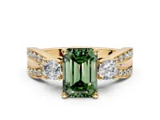 3 Stone Engagement Ring Setting for Fancy Green Emerald Cut Center with Pave Twist Band and Prong Head in Yellow Gold